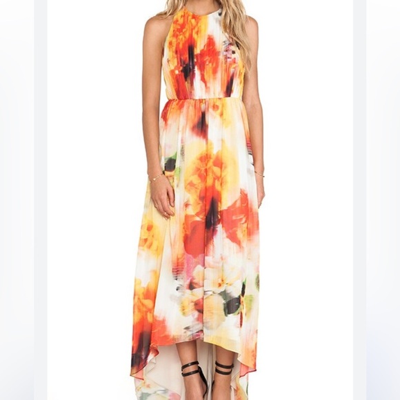 Alice + Olivia Ryan High Neck Leather T-Back Maxi Dress in Sunset Blur - Picture 2 of 9